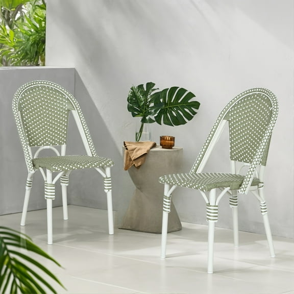 Christopher Knight Home Outdoor French Bistro Chairs, PE Rattan and Aluminum Frame, Green & White, Set of 2