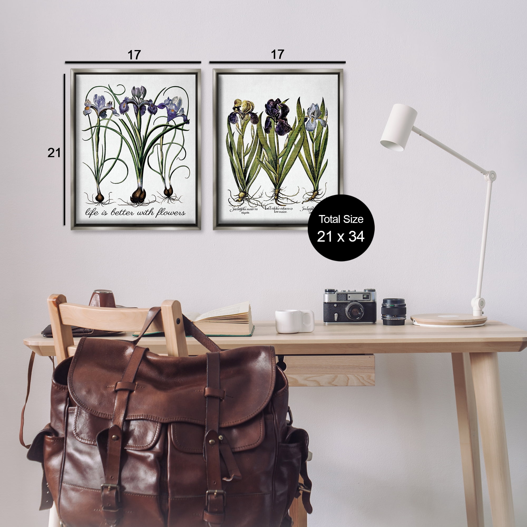 Stupell Industries Better with Flowers Iris Bulb Plants & Flowers Painting Gray Floater Framed Canvas Art Print Wall Art, 17 x 21, Set of 2
