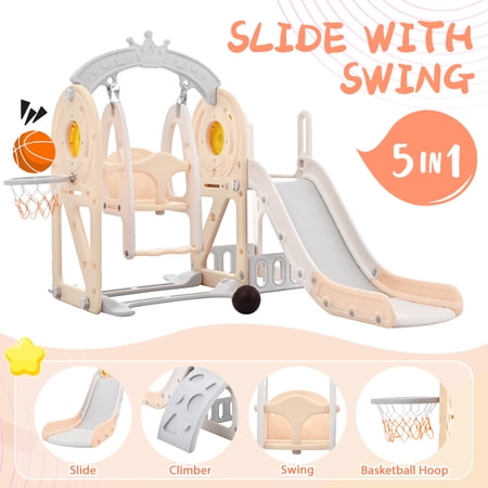 CoSoTower Toddler Slide and Swing Set 5 in 1, Kids Playground Climber Slide Playset with Basketball Hoop Freestanding Combination for Babies Indoor and Outdoor