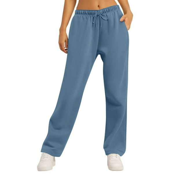 Amzcrzy Pantalones Mujer Deportivos Casuales Color Liso Cintura Alta Cordón Ajustable Pierna Ancha Recta Holgados Con Bolsillos Tallas S-2XL Verde