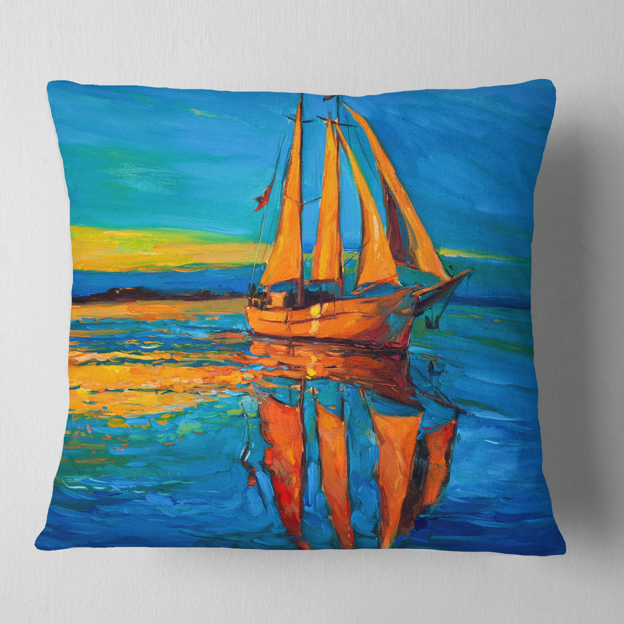 Designart Brown Sailing Boat - Seascape Throw Pillow - 16x16