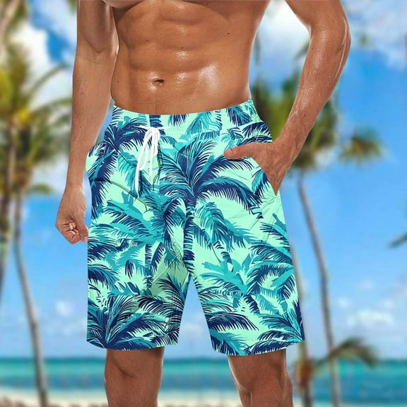 Shorts for Men Hawaiian Print Pockets Casual Elastic Waist Drawstring Beach Shorts Mint Green XXL