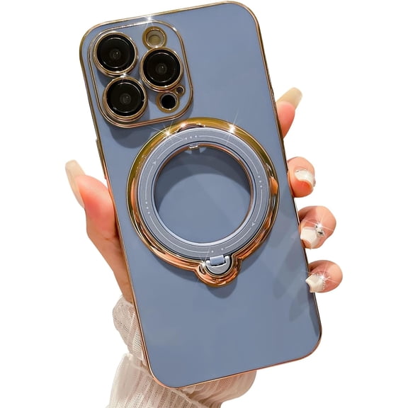 Compatible with iPhone 12 Pro Max Magnetic Planting Case 6.7 Inch, Luxury 360 Rotating Magnetic Hidden Stand Case, Compatible with MagSafe for Women Girls,Blue