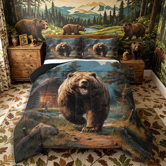 Castle Fairy Roaring Brown Bear Full Size Comforter Sets 3-Piece,Log Cabin Mountain Woodland Bedding Comforter Set,Teal Brown Green,Black Reversible,1 Comforter and 2 Pillowcases