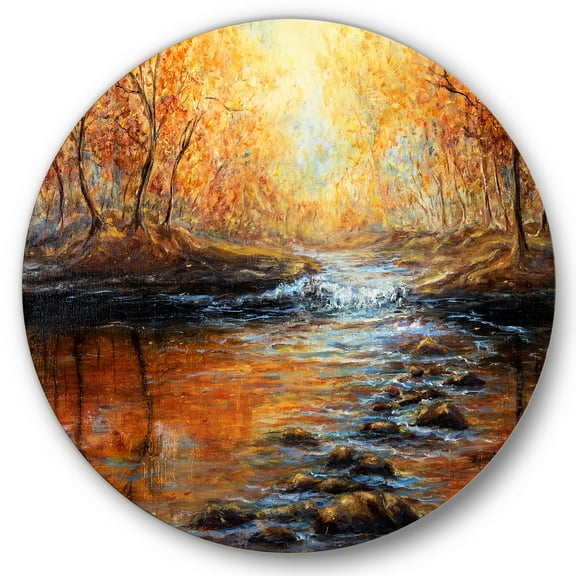 Designart 'Sunrise Glow In The Autumn Forest' Lake House Circle Metal Wall Art 36x36 - Disc of 36