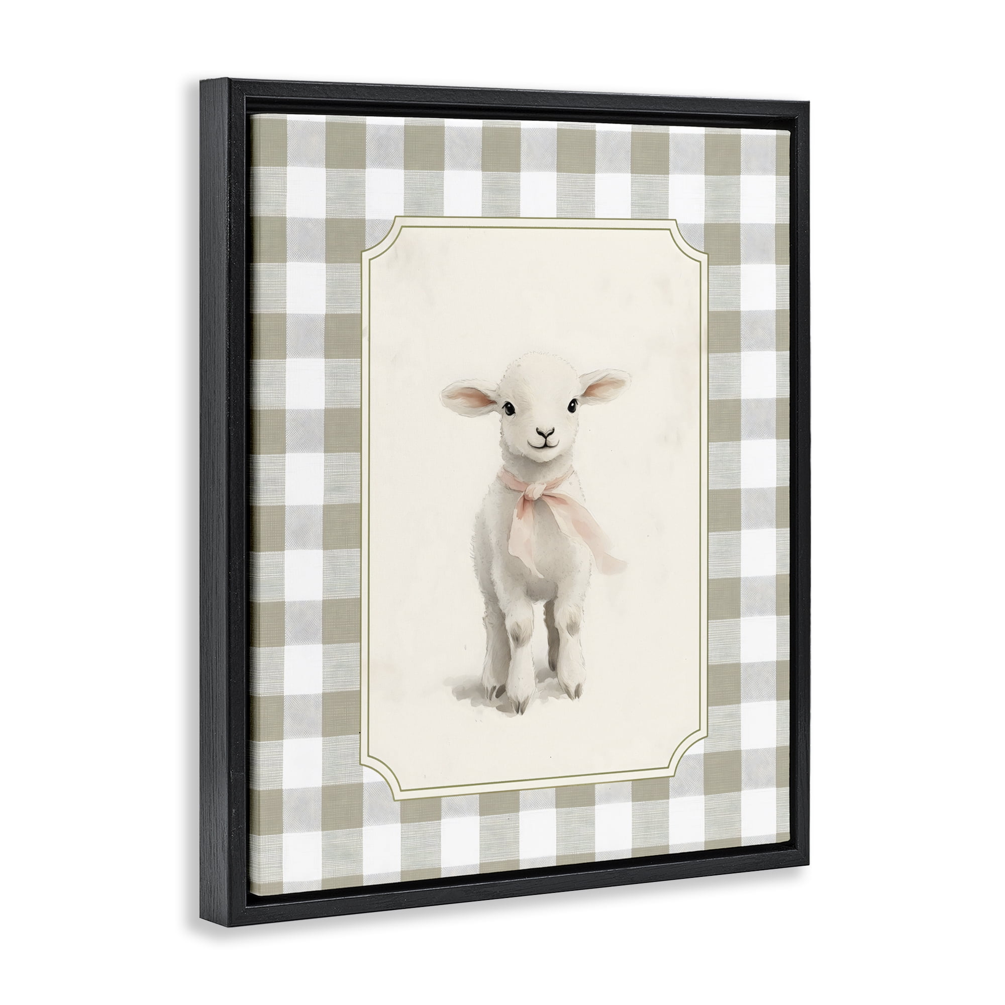 Stupell Industries Gingham Lamb with Pink Ribbon Black Framed Floater Canvas Wall Art, design by Arlington Prints