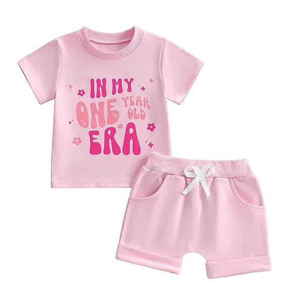 ZHOGXU Baby Girls Summer Outfit With Letter Graphic Tee And Matching Shorts 2PCS Sportswear Set For Kids,Pink,12-18 Months