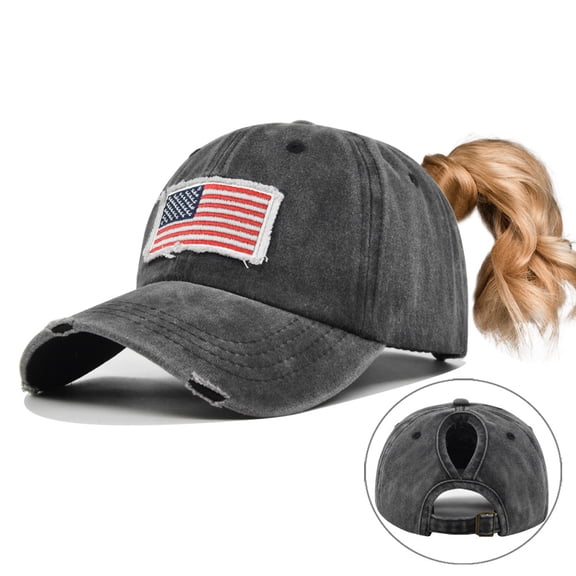 Distressed Ponytail Hat for Women American-Flag Pony Tail Caps High Bun