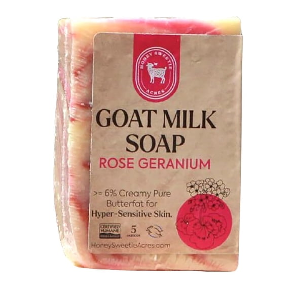 Jabón de leche de cabra Honey Sweetie Acres Rose Geranium - Barra hecha a mano de 5 oz hecha con ingredientes naturales Hidratante y suave Hecho en los EE. UU.