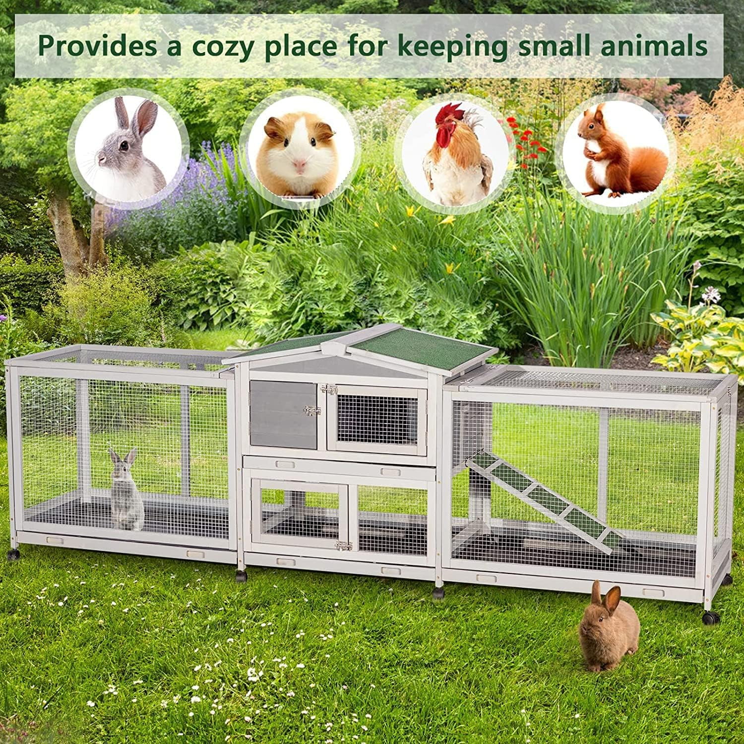 AECOJOY Rabbit Cage Guinea Pig Cage With 8 Wheels 94.5'' Wooden Bunny Cage Hutch with Removable Tray & Anti-Slip Ramp