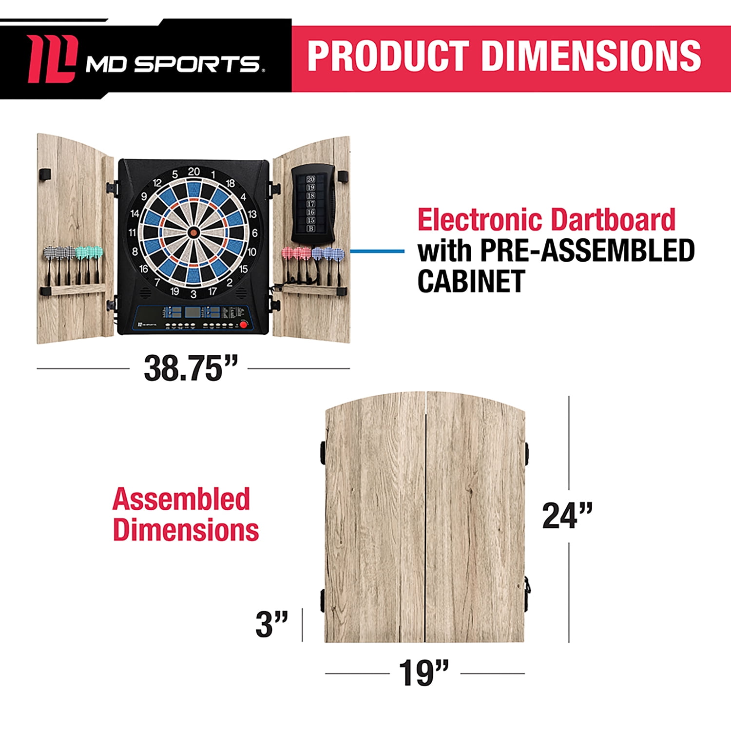Elmhurst Electronic Dartboard Cabinet with Digital X/O Cricket Scorekeeping, Soft Tip Darts, by MD Sports