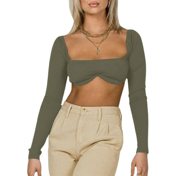 Txlixc Blusa recortada de punto de costilla femenina, camisa