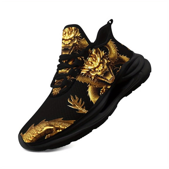 Coolcustomize Men's Plus Size Golden Dragon Print Sneakers - Mythology-Inspired Chunky Sports Shoes, Breathable Lightweight Running & Walking Trainers, Black & Golden Design, Casual Street Style