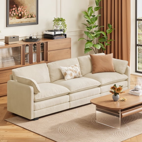 Cloud Couch, 3 Seaters Sofa for Living Room, Double Layer Cushion Cream Couch with Deep Seat & 2 Armrest Pillows for Apartment Office, Corduroy Fabric, Beige