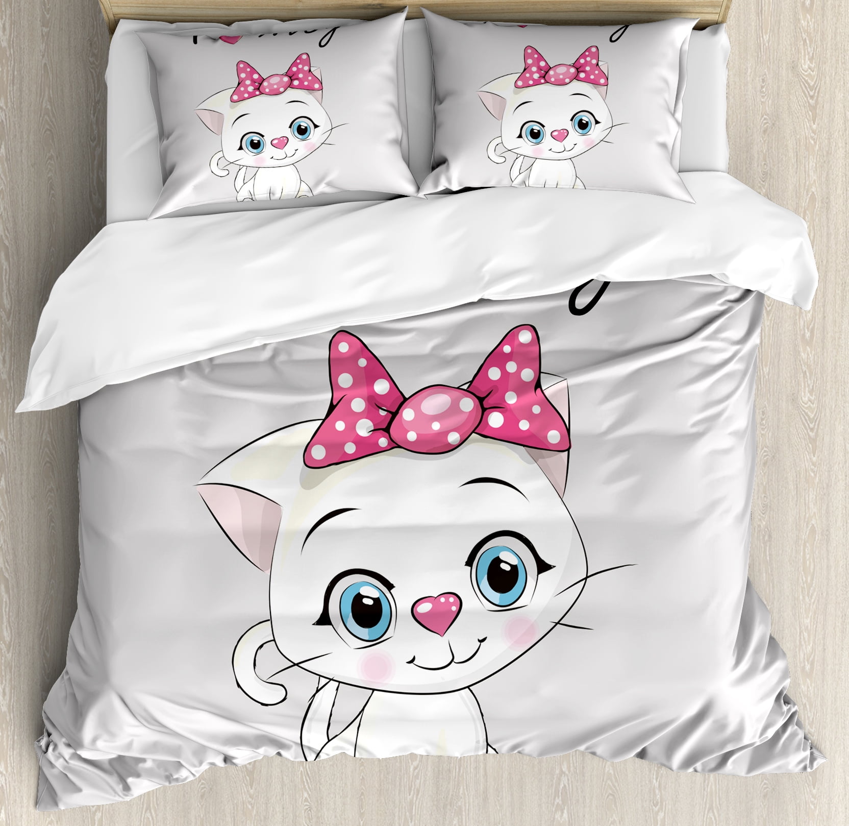 Kitten Queen Size Duvet Cover Set Cute Cartoon Domestic White Cat