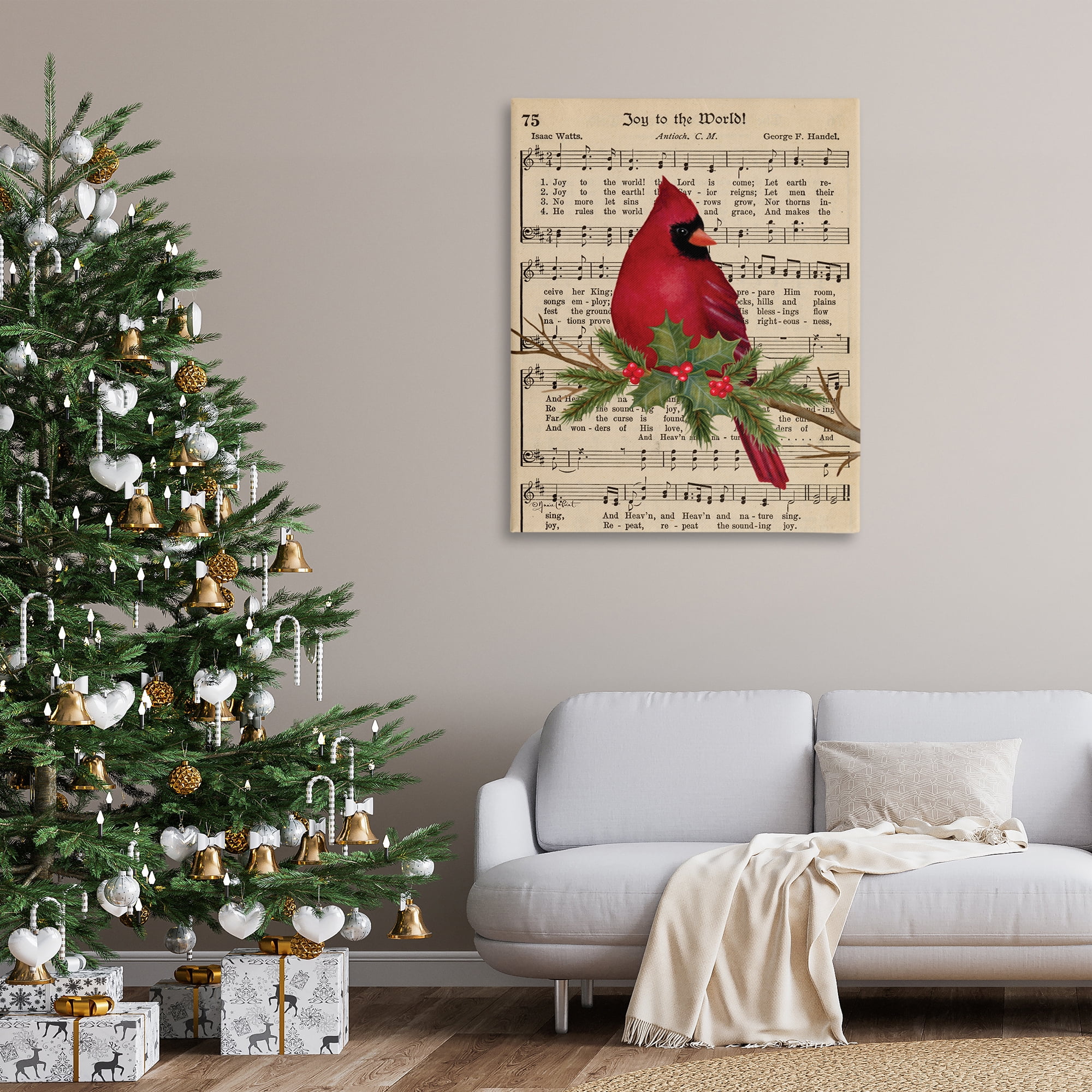 Stupell Industries Cardinal on Holiday Music Holiday Painting Gallery Wrapped Canvas Art Prints Wall Art, 36 x 48