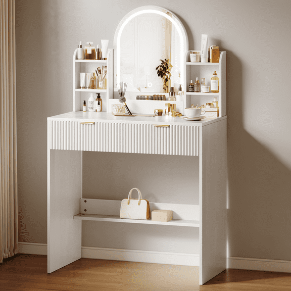 UGTOO White Makeup Vanity Desk with Lighted Arched Mirror, Modern Minimalist Small Dressing Table with 2 Fluted Drawers & Display Shelves for Bedroom