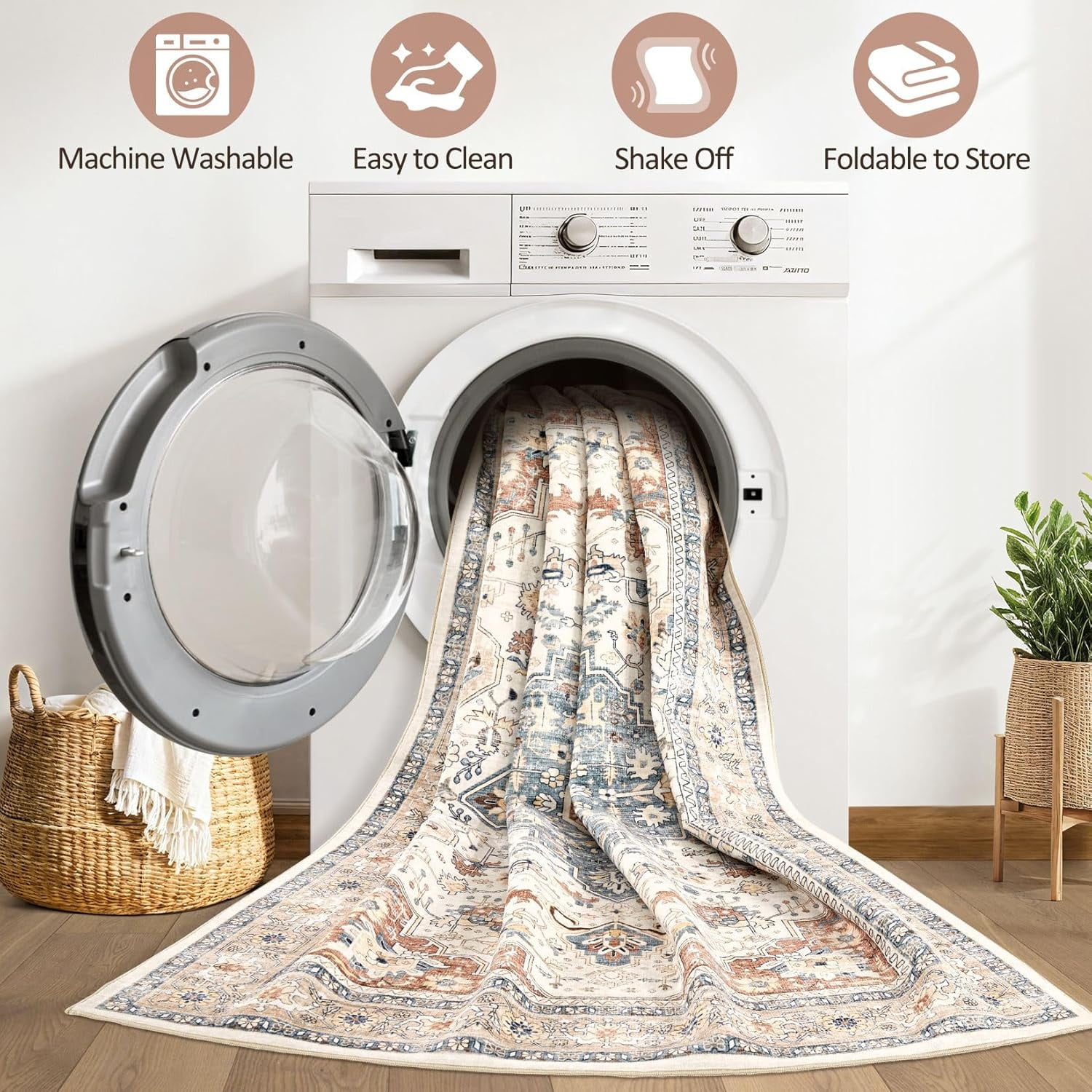 Toyoso 6x9 Area Rug Living Room Rug - Large Soft Machine Washable Boho Vintage Stain Resistant Floral Bedroom Rug Neutral Farmhouse Low Pile Distressed Carpet for Dorm Dining Room- Beige Blue