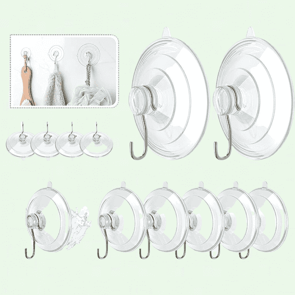 Clear Suction Cup Hooks Set, 12 Packs Combo, Multi-Size PVC Sucker Pads with Stainless Steel Hook, for Kitchen Bathroom Shower Wall Window Glass Door