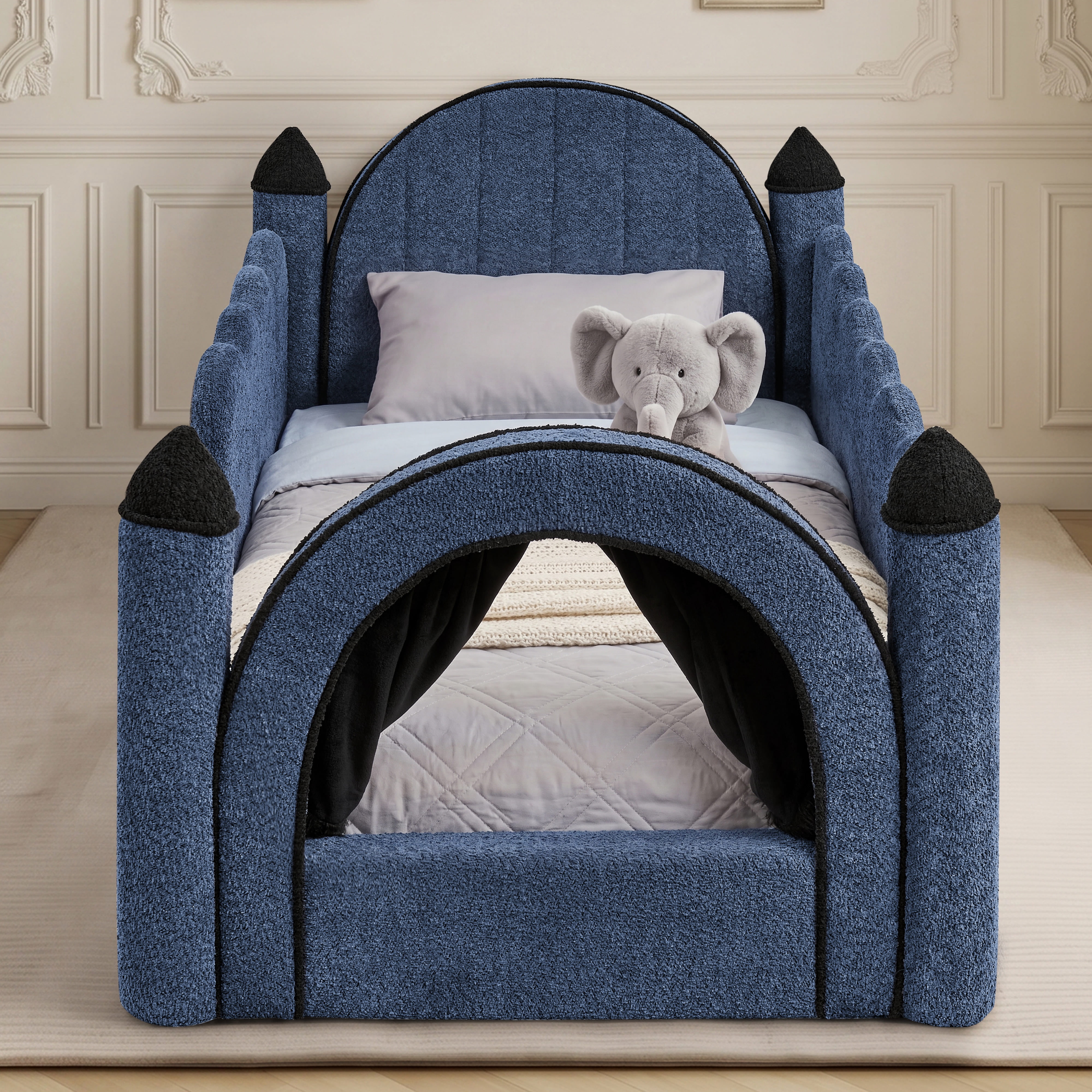 Wakefit Twin Size Castle Bed with Safety Guardrails & Curtain,Boucle Upholstered Kids Bed Solid Wood Frame,Cute Daybed for Bedroom,Navy Blue
