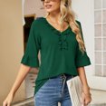 thumbnail image 2 of Camiseta Casual Falbala Cuello En V Media Manga Acampanada Tops Sueltos Básicos De Moda para Mujer Verde XL, 2 of 6