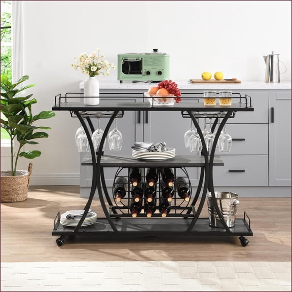 Industrial Bar Cart 3-Tier Kitchen Serving Cart with Wheels, Wine Bottle/Glass Racks | Iron | Matte Silver