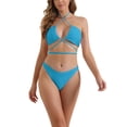 thumbnail image 1 of Conjuntos de bikini de halter para mujer INSPIRE CHIC de 2 piezas con lazo doble en la parte trasera y parte inferior triangular, trajes de baño grandes en azul, 1 of 5