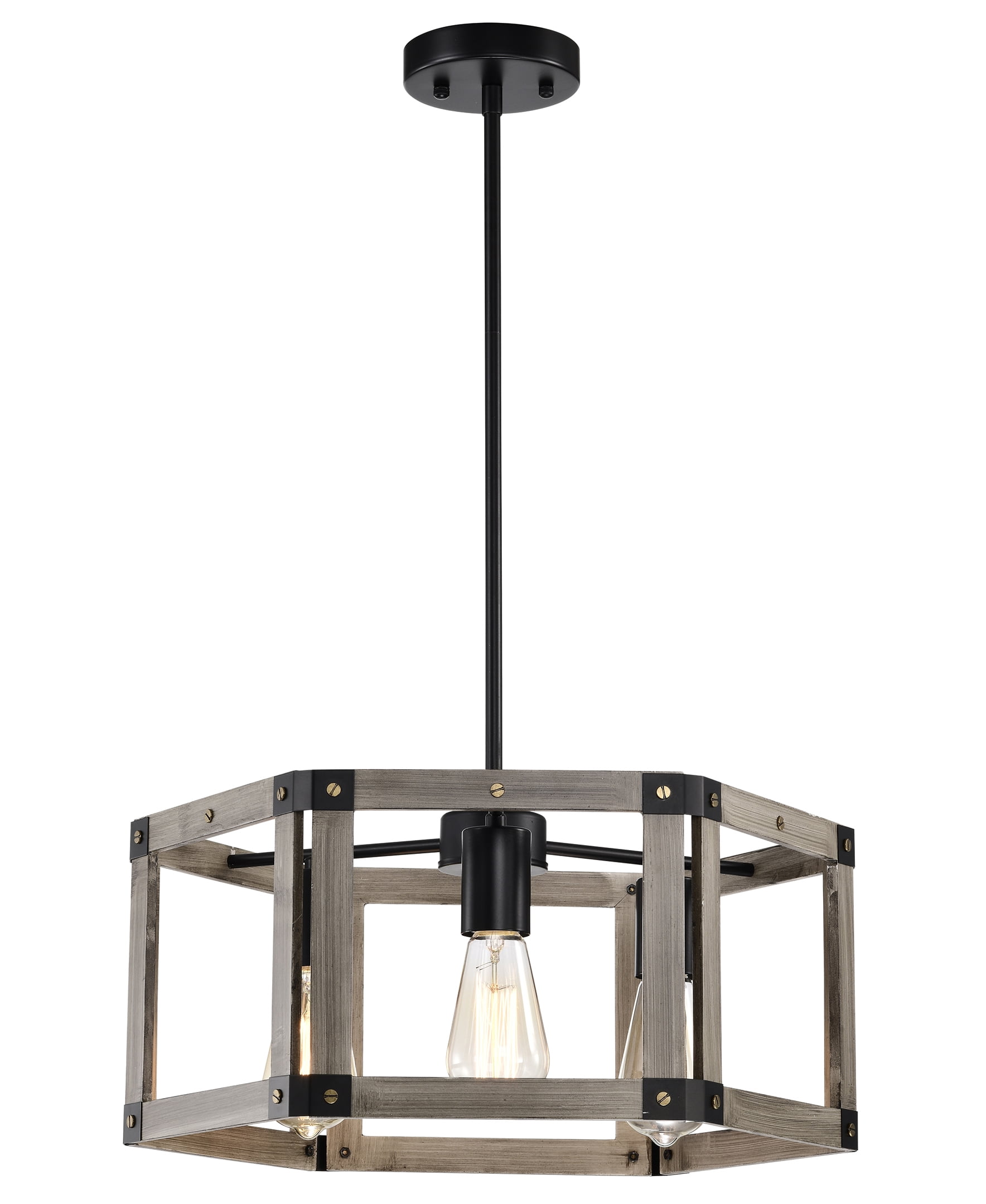 Malli 19 in. 3-Light Indoor Matte Black and Faux Wood Grain Finish Chandelier with Light Kit