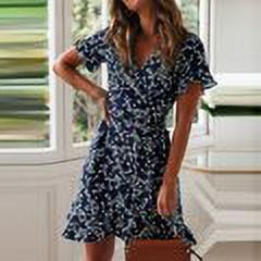 Vestidos de mujer Verano 2022 Sexy Cuello en V Estampado floral Boho Beach Dress Ruffle Manga corta Una línea Mini vestido Wrap Sundress Robe Tan Jianjun unisex