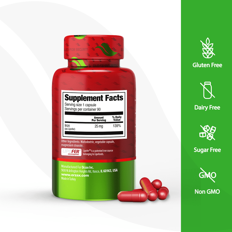 ORZAX High Absorption Iron Supplement Pills, 25 mg Elemental Iron