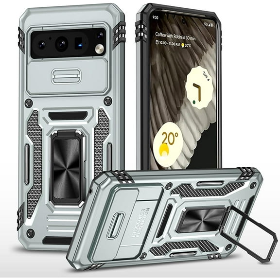 KOMI Case for Google Pixel 9/ 9Pro/ 9ProXL, Ring Holder Case with Magnetic, Lens Sliding Push Window Phone Case Slim Shock Protection (Gray, 9Pro)