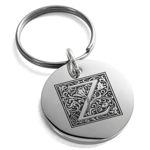 Stainless Steel Letter Z Initial Floral Box Monogram Engraved Small Medallion Circle Charm Keychain Keyring