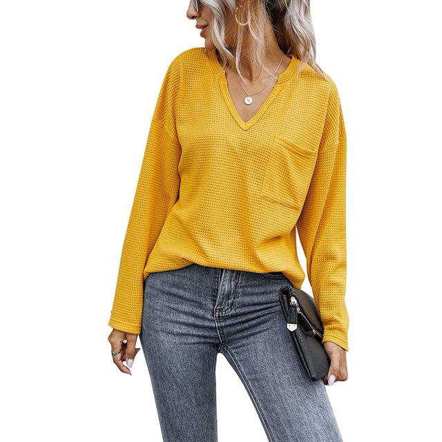 Blusa de mujer de manga larga de color puro con cuello en V y bolsillo para invierno otoño