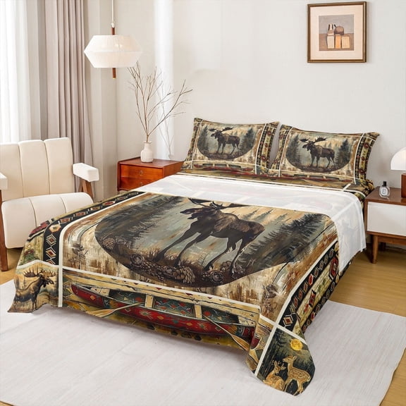 Manfei Rustic Farmhouse Bed Sheets Set Twin Size, Lake House Bed Sheets Twin, Wildlife Reindeer Bedding Twin Size, Breathable Bedroom Decorative, 3pcs