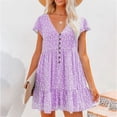 thumbnail image 5 of Women Flutter Short Sleeve Sexy V-Neck Button Front Chiffon Mini Swing Dress Boho Floral Ruffle Hem A-Line Sundress, 5 of 12