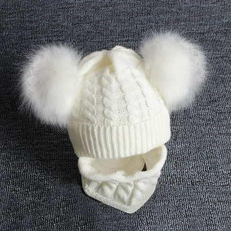 

TOWED22 Keep Hat Set Baby Hemming Winter Wool Warm +Scarf Knitting 2PCS Kid Cap Hiarball Kids Hat Snow Hats for Girls White