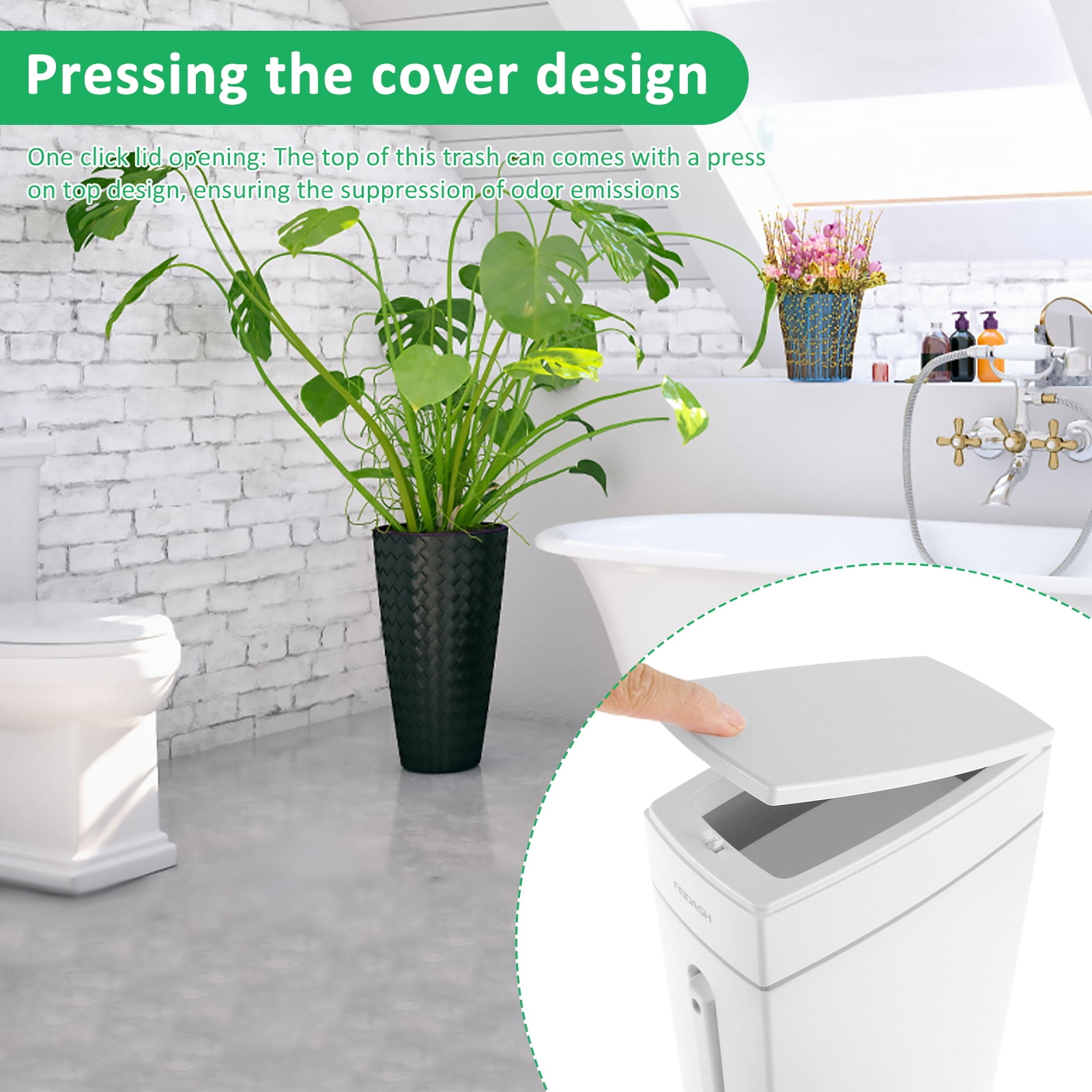 FVKRNYZ Trash Can with Toilet Brush Holder Press-Type Plastic Garbage Can 4.5L Slim Rectangular Trash Bin for Toilet Kitchen