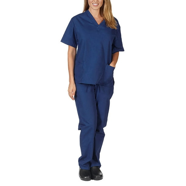 Lumento 2 Pieces Solid Color Work Medical Uniform for Womens Elastic