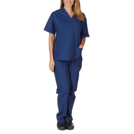 

Zodanni Women Scrubs Medical Uniform 2 Pieces Scrub Set Solid Color Tops And Pants Elastic Waist Workwear Nursing Home Medical-Scrubs Dark Blue XL