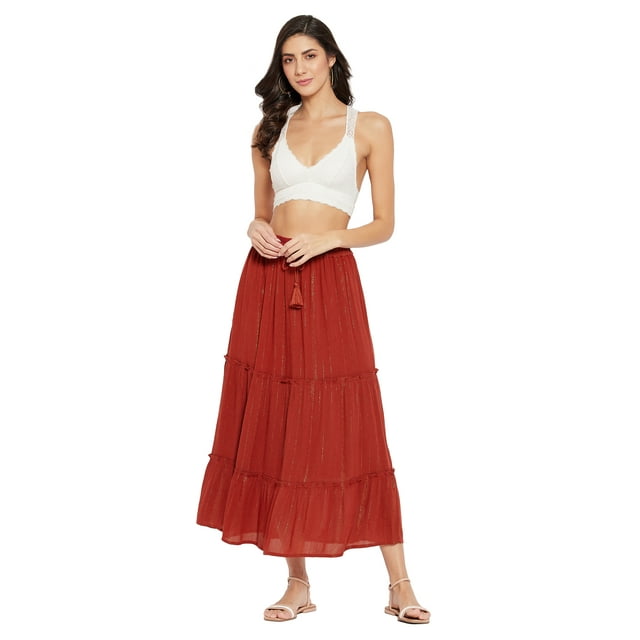 Women Solid Skirt Long Ruffle Layered Ladies Skirts for Summer with Elastic Waist Online