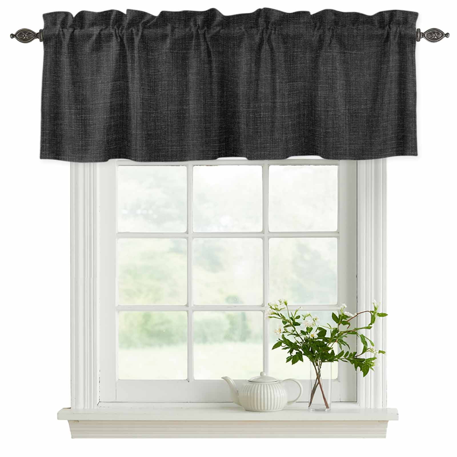 2 Panels Black Valance for Windows, Farmhouse Burlap Solid Black Color Modern Linen Texture Light Filtering Kitchen Curtains, Rod Pocket Window Treatment Curtain Valances for Living Room, 60"x18"
