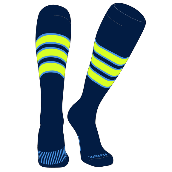 PEAR SOX Striped OTC Baseball, Softball, Football Socks (C) Navy, Sky Blue, Neon Yellow (XS)