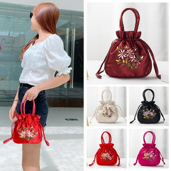 SSKFHGI Embroidered Flower Small Bucket Bag Handmade Cosmetic Handbag Women