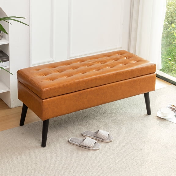 FFZ 43"L Storage Bench with Tufted PU Leather Top and Safety Hinge, Brown