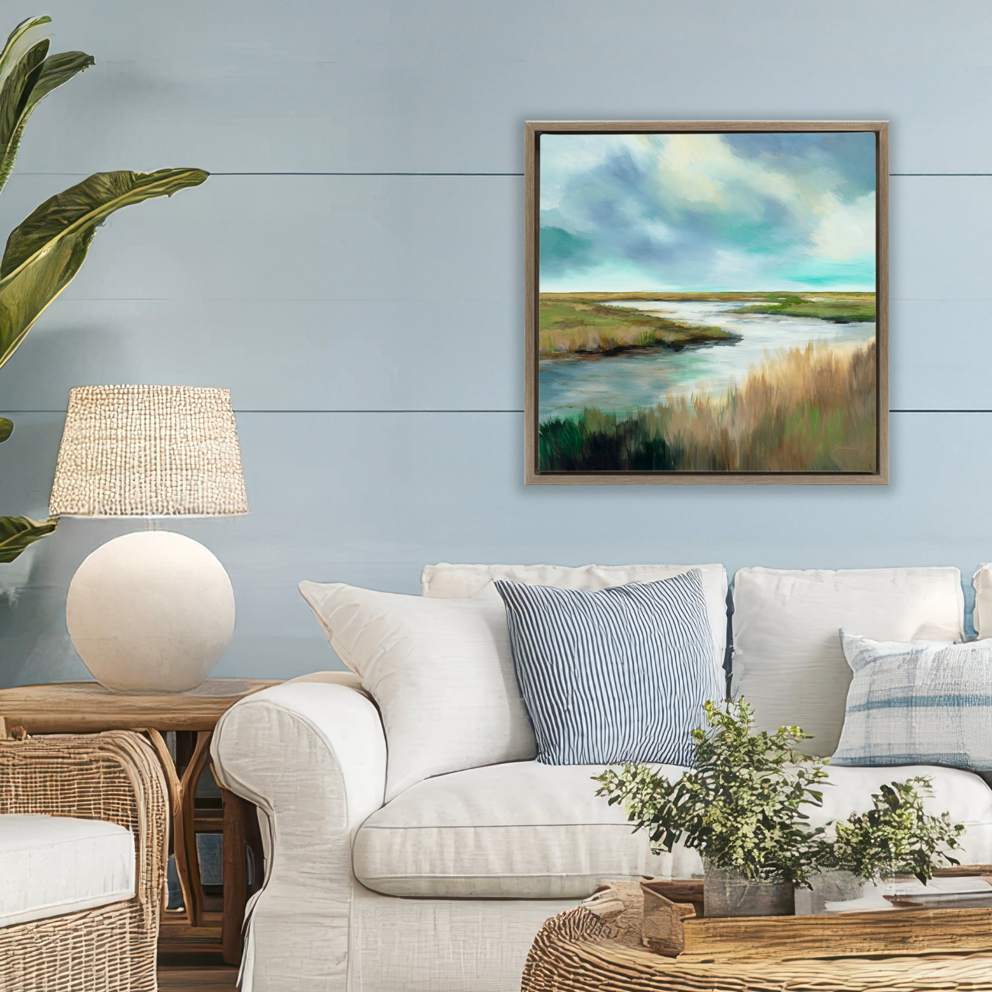 Stupell Industries Tranquil Meadow and Wetlands Brown Framed Floater Canvas Wall Art, design by Liz Jardine