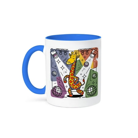 

3dRose Funny Cute Colorful Giraffe Disco Dancing Abstract Retro Satire 11oz Two-Tone Blue Mug
