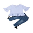 thumbnail image 2 of Baby Girls 2pcs Outfits Clothes Set Short Sleeve T-Shirt Ruffle Tops Denim Jeans Long Pants, 2 of 5