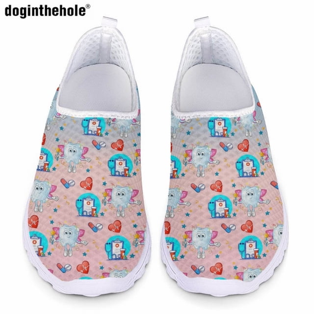 Zapatos casuales con estampado de dibujos animados de Doginthehole Love Teeth para mujer, zapatos de verano ligeros, cómodos y transpirables, zapatos planos de malla, zapatos de enfermería