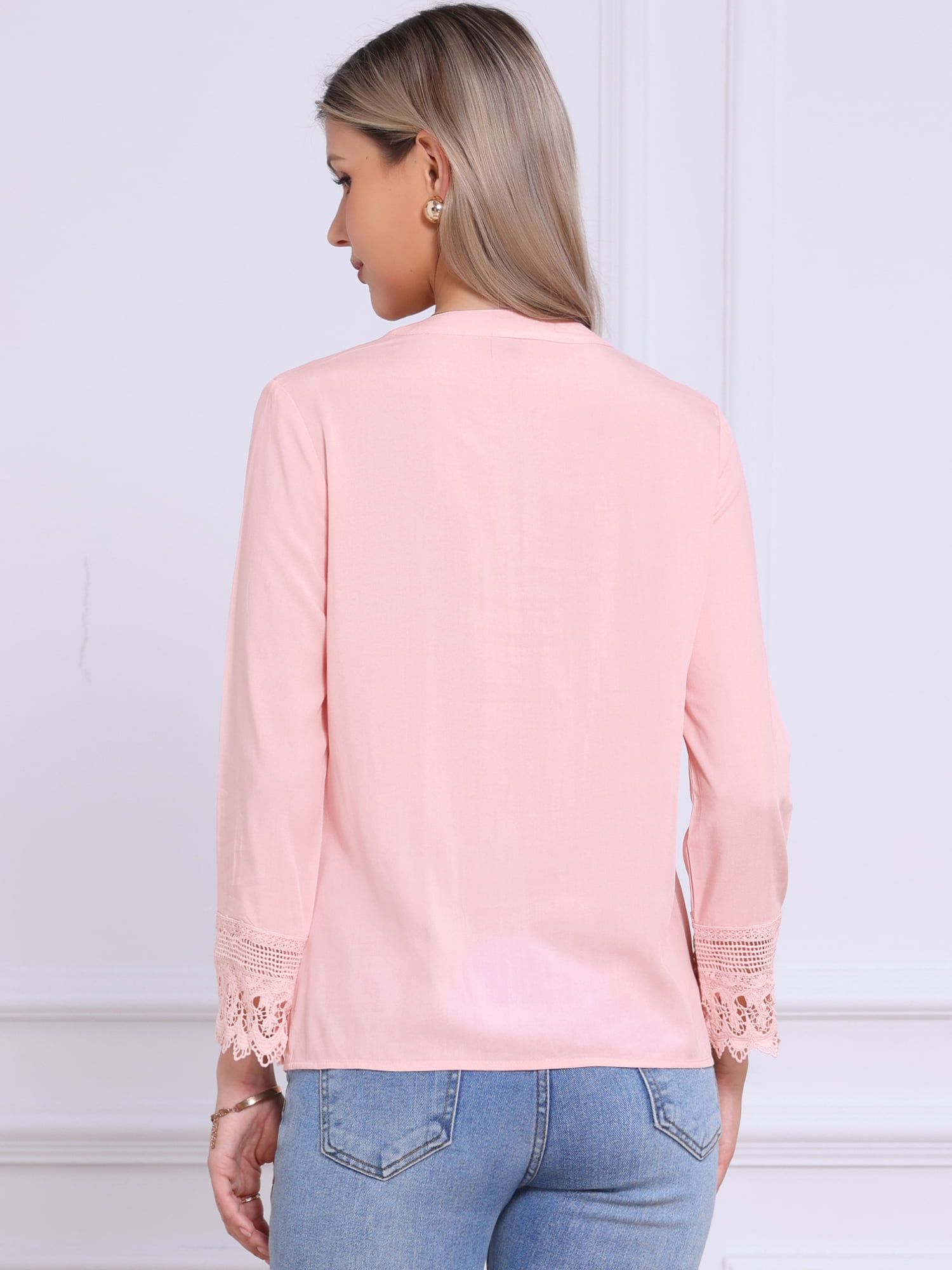 DARING DIVA Women's Half Button Placket Long Sleeve Lace Crochet Blouses L Light Pink