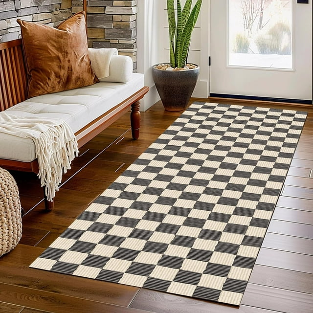 Washable Hallway Runner Rug 2' ×6' Black Rug Checkered Geometry Neutral Line Non-Slip Soft Long Carpet Kitchen Entryway Bedroom Corridors Indoor